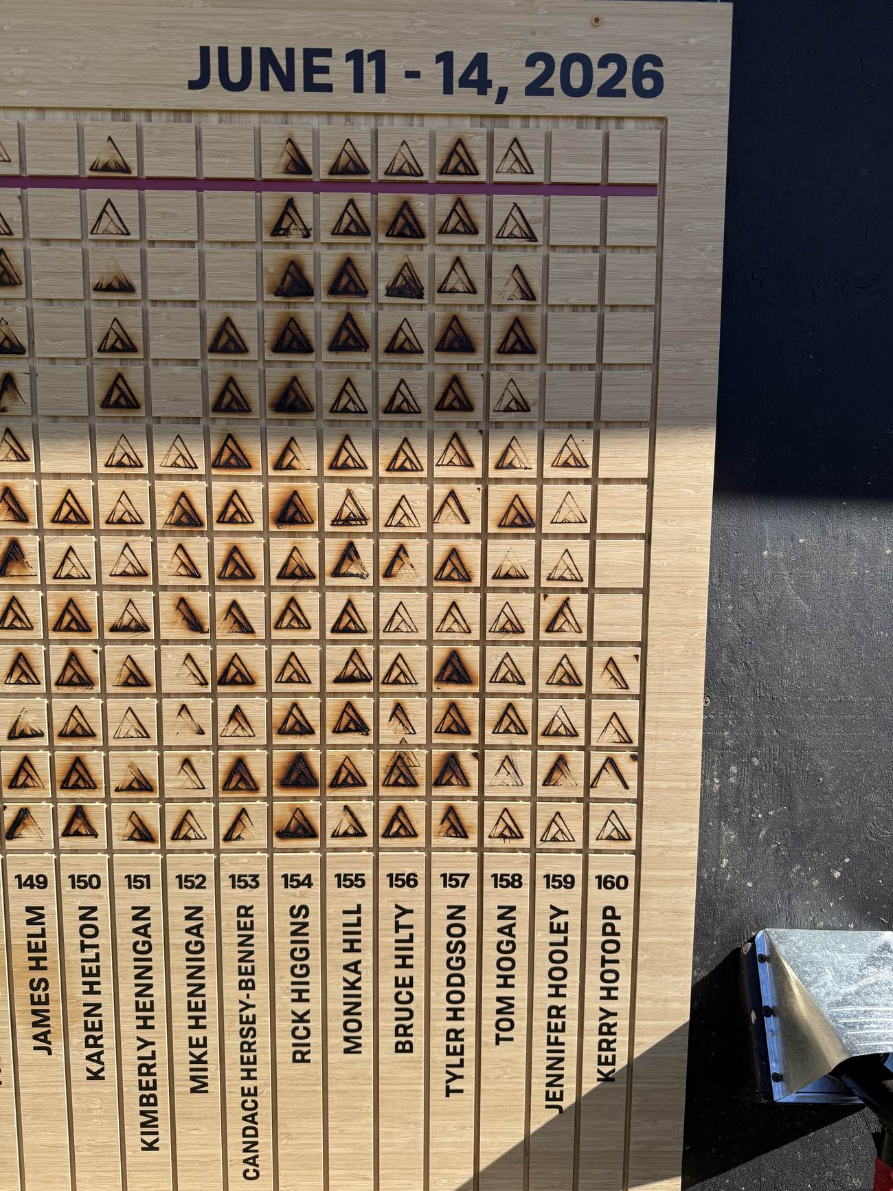 The event's wooden lap board: a branded triangle burned into row 156, Bruce Hilty, for each completed lap